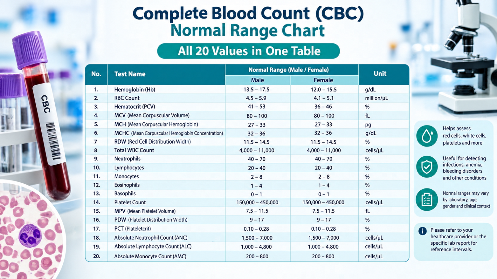 Complete Blood Count (CBC) Normal Range Chart - All 20 Values in One Table